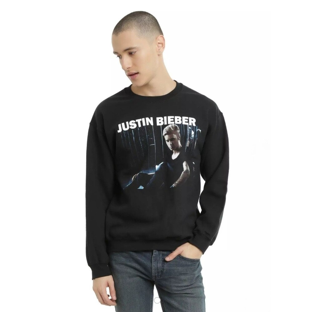Justin Bieber Photo Under Name Logo Sweatshirt Men's Medium L/S Black Top NOS